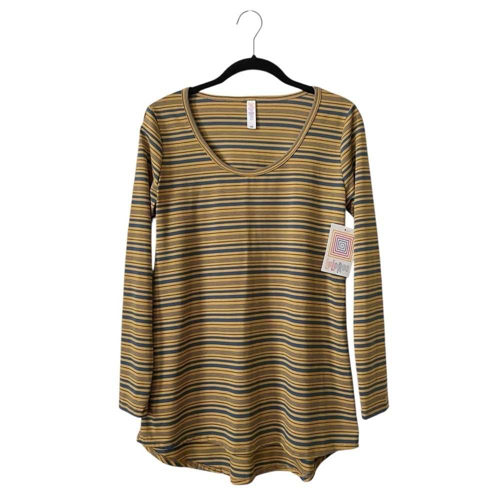 LuLaRoe Lynnae Long Sleeve T-Shirt Top Women's Size XS Yellow Blue Striped NWT